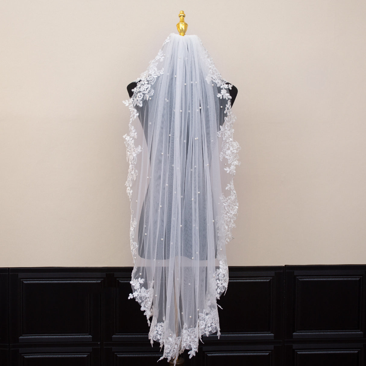 White Elegant Long Bridal Veil with Pearl Accents & Lace Edge - Includes Metal Comb