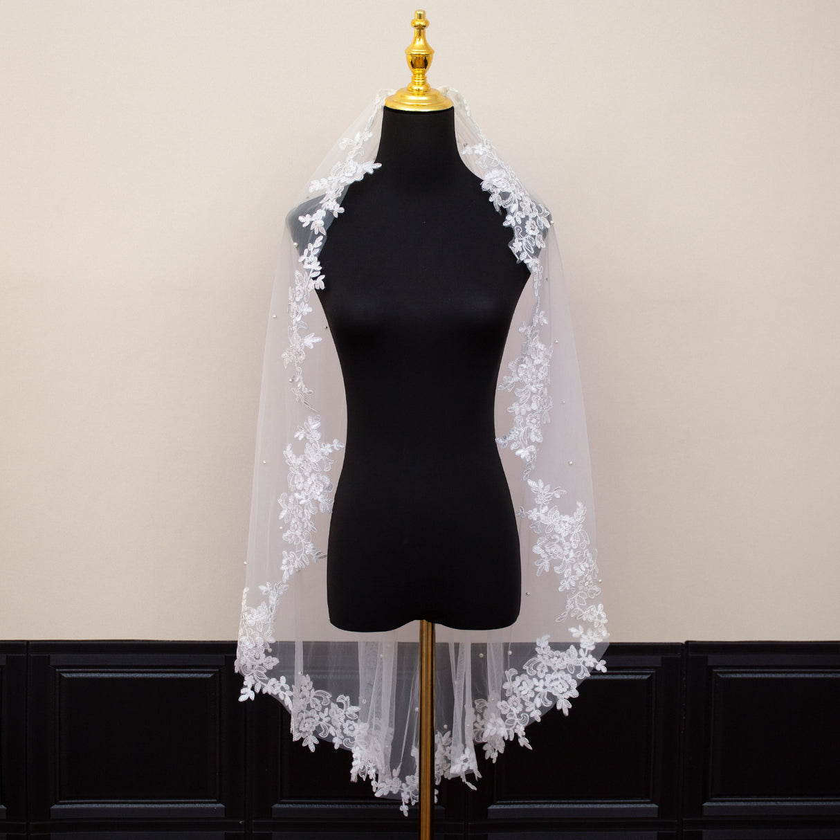 White Elegant Long Bridal Veil with Pearl Accents & Lace Edge - Includes Metal Comb