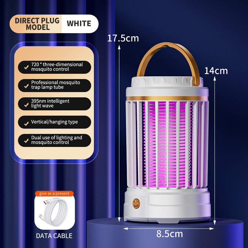 White Portable 3-in-1 Electric Mosquito Zapper Lamp - UV Bug Killer, Warm Night Light & Bright Lantern, USB Plug-in use