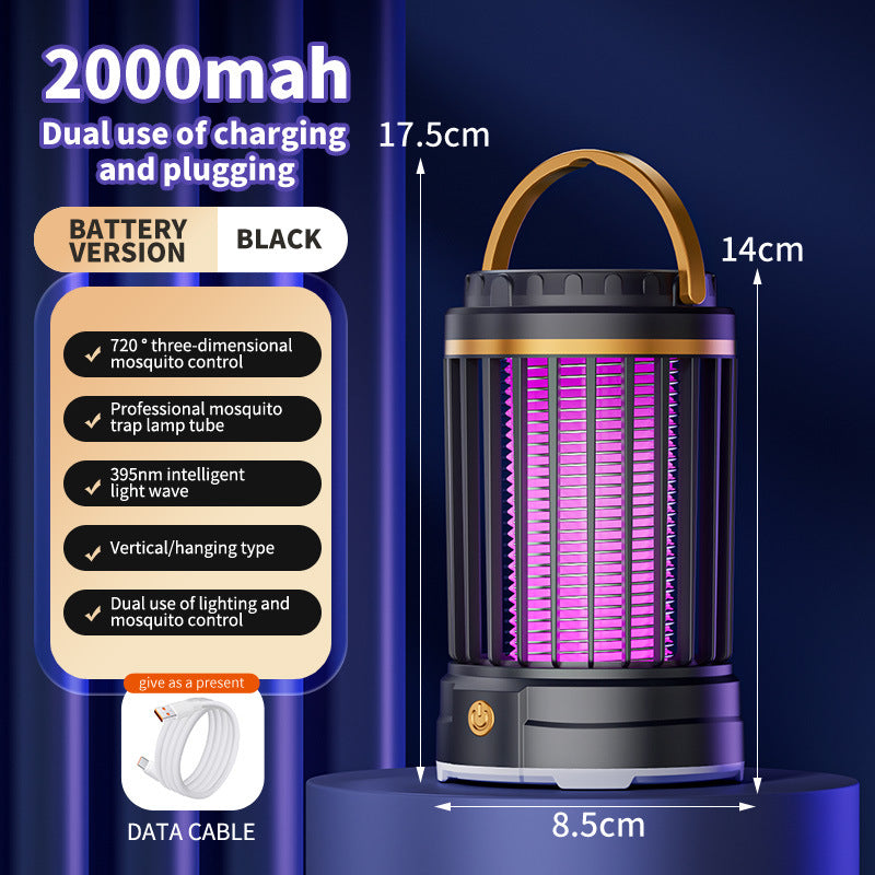USB Rechargeable Black Portable 3-in-1 Electric Mosquito Zapper Lamp - UV Bug Killer, Warm Night Light & Bright Lantern