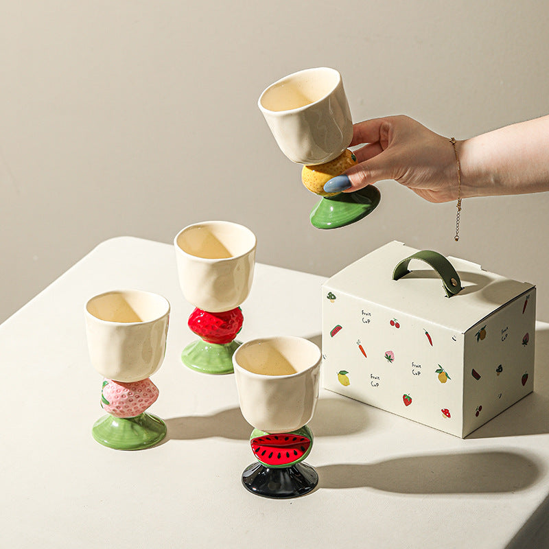 Pink Whimsical Strawberry Stem Ceramic Goblet - 150ml Hand-Painted Strawberry Design, Unique Coffee & Drinkware Gift with Box