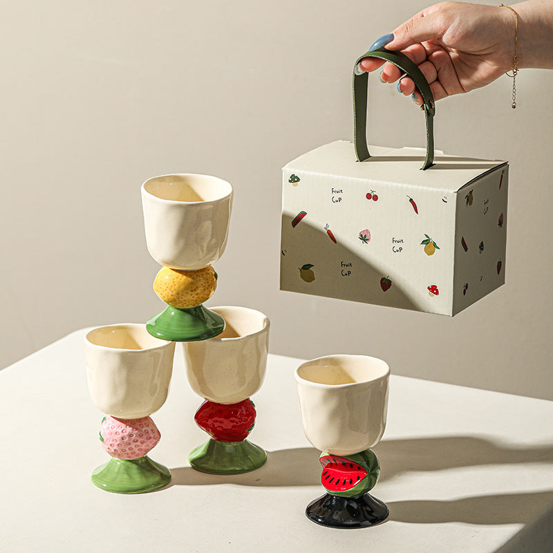 Pink Whimsical Strawberry Stem Ceramic Goblet - 150ml Hand-Painted Strawberry Design, Unique Coffee & Drinkware Gift with Box