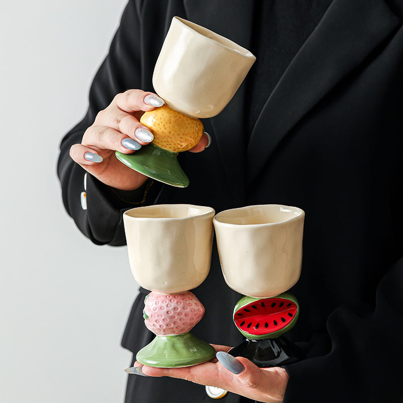 Red Whimsical Strawberry Stem Ceramic Goblet - 150ml Hand-Painted Strawberry Design, Unique Coffee & Drinkware Gift with Box