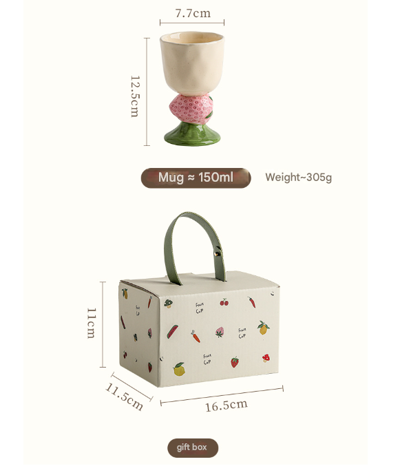 Red Whimsical Strawberry Stem Ceramic Goblet - 150ml Hand-Painted Strawberry Design, Unique Coffee & Drinkware Gift with Box