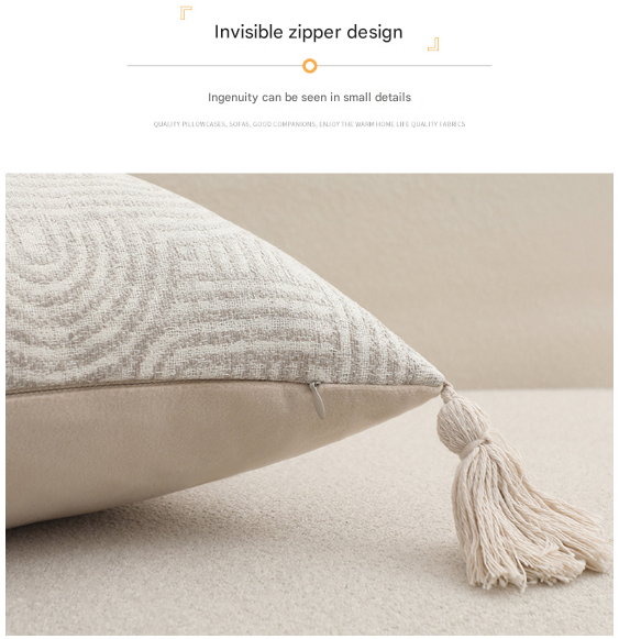 Beige Chic Geometric Jacquard Cushion Covers with Tassels - Set of 2, Plush Blend for Sofa & Bed Decor (45x45cm, Insert Not Included)