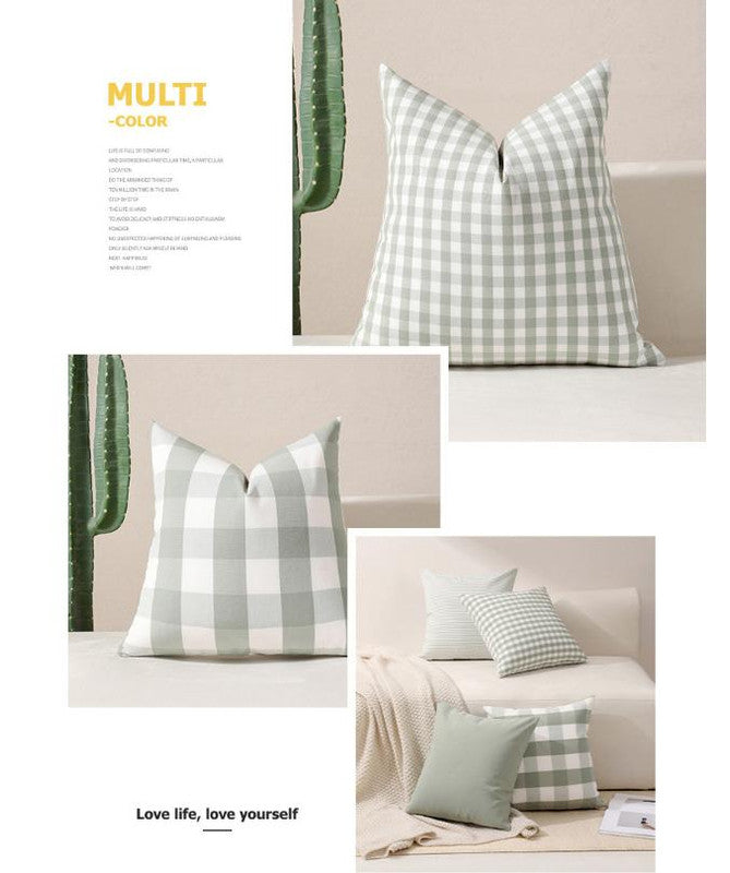 Green Big Plaid Pattern Set of 2 Decorative Cushion Covers - 45x45cm, Soft Polyester (Inserts Not Included)