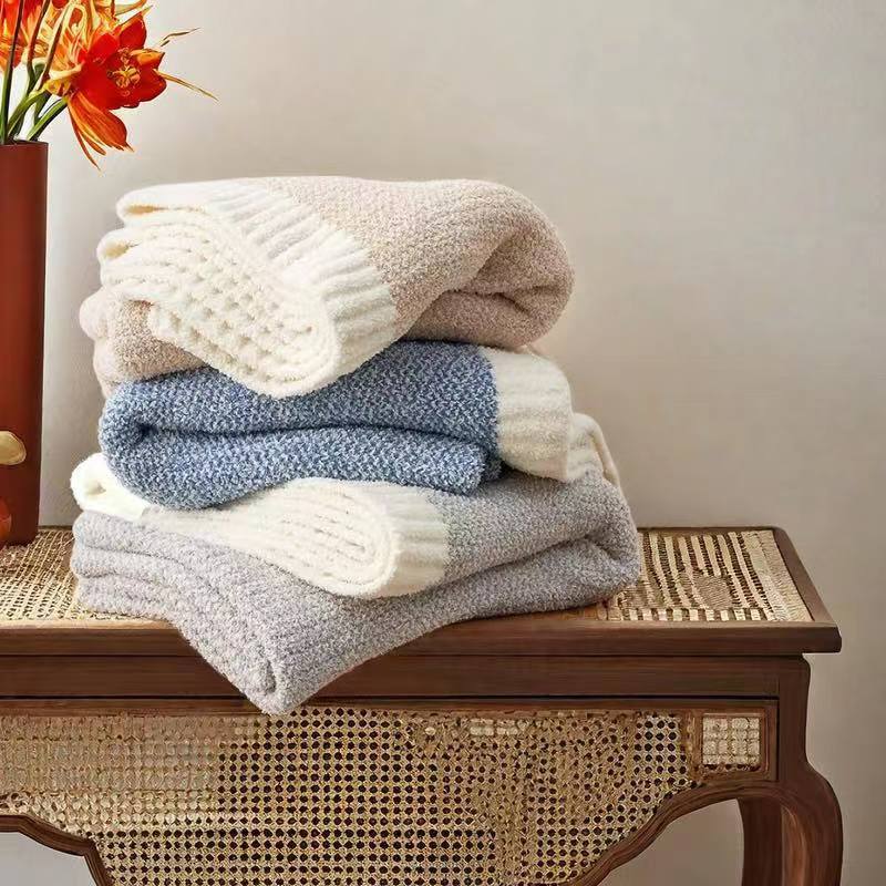 Blue and White Plush Chenille-Knit Throw Blanket - Soft Cozy Polyester for Bed & Sofa | Textured Two-Tone Design (127x153cm)