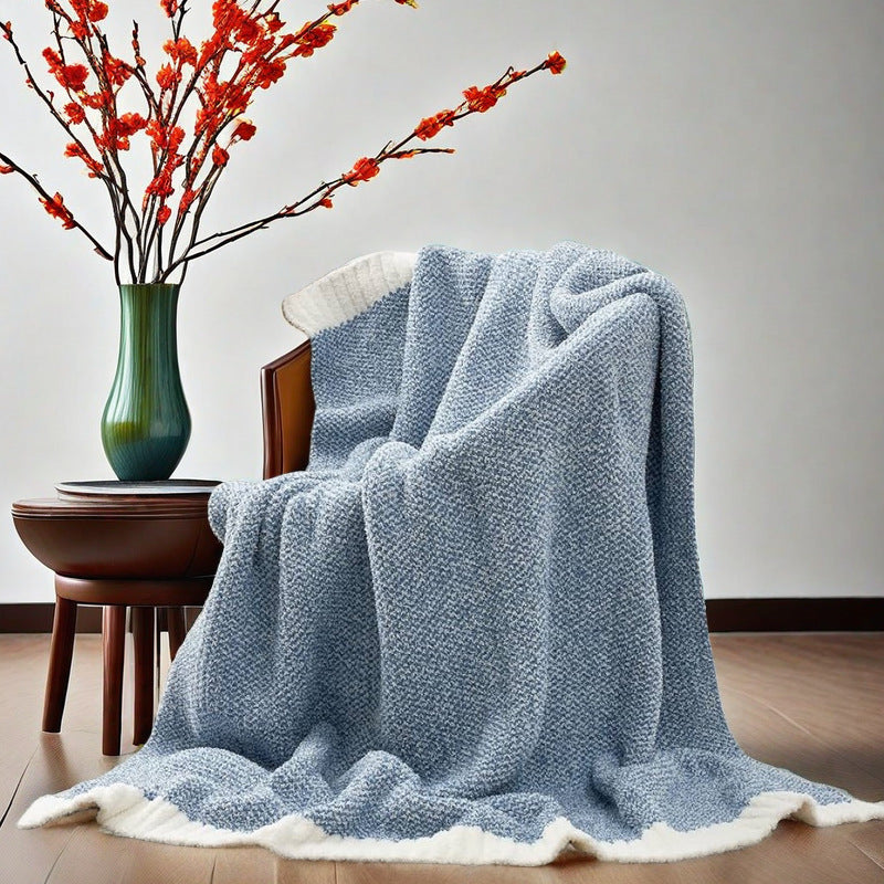 Blue and White Plush Chenille-Knit Throw Blanket - Soft Cozy Polyester for Bed & Sofa | Textured Two-Tone Design (127x153cm)