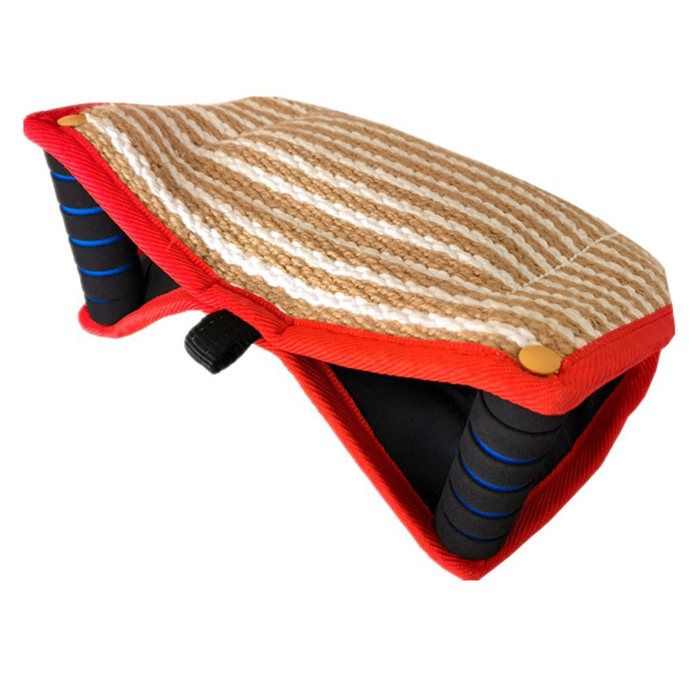 Red and Khaki Heavy Duty Jute Dog Bite Pillow - Professional Training Tug Toy with 3 Handles for Schutzhund, K9, Agility & Bite Work