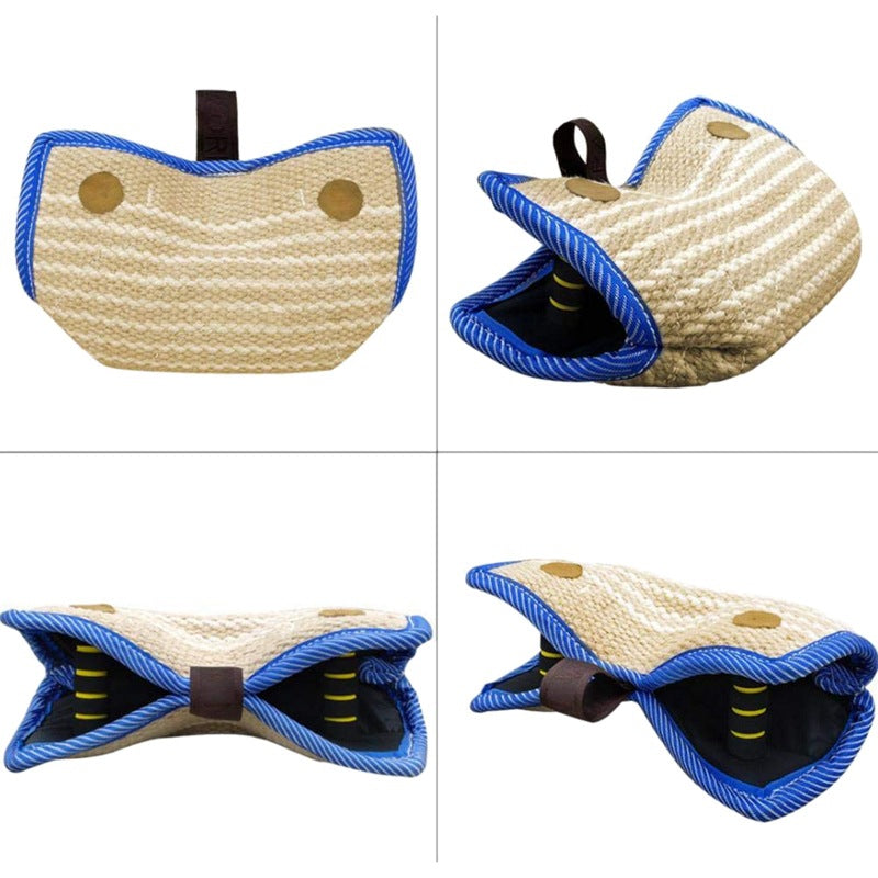 Yellow and Khaki Heavy Duty Jute Dog Bite Pillow - Professional Training Tug Toy with 3 Handles for Schutzhund, K9, Agility & Bite Work