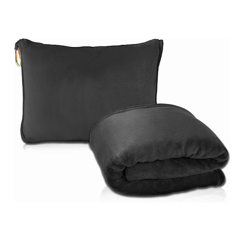 Black 2-in-1 Plush Travel Blanket & Pillow Set - Soft Flannel with Luggage Strap & Carabiner (50x60in)