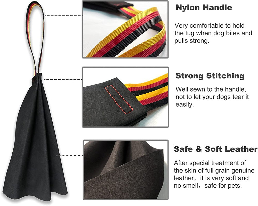 Black Premium Full-Grain Leather Dog Training Tug - Interactive Bite Rag with Strong Loop Handle for Play & Drive Building