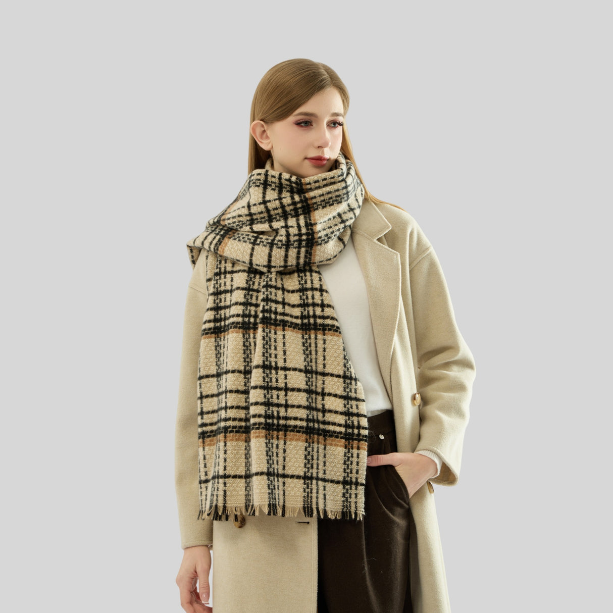 Beige Chic Plaid Winter Scarf - Large Soft Polyester Shawl Wrap with Tassels, Korean Inspired Fashion