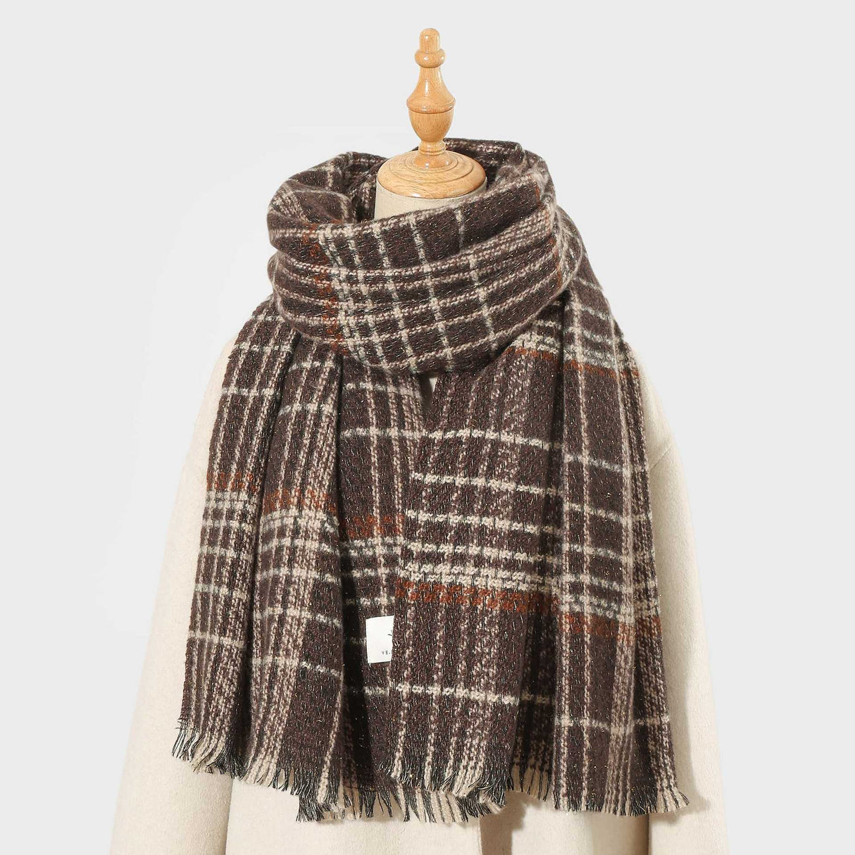 Coffee Chic Plaid Winter Scarf - Large Soft Polyester Shawl Wrap with Tassels, Korean Inspired Fashion