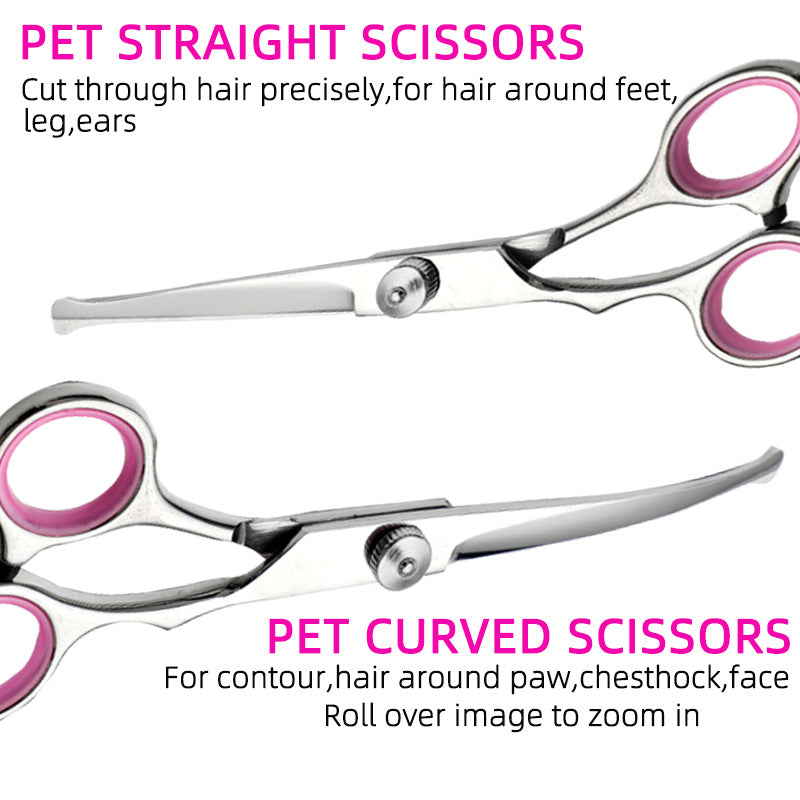Blue and Silver Complete 5-Piece Pet Grooming Scissors Kit - Stainless Steel Straight, Curved & Thinning Shears with Comb & PU Case (6.0 Inch)