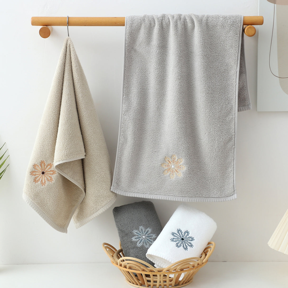 White 4-Pack Elegant Green Floral Embroidered Cotton Hand Towels - Ultra Soft & Absorbent