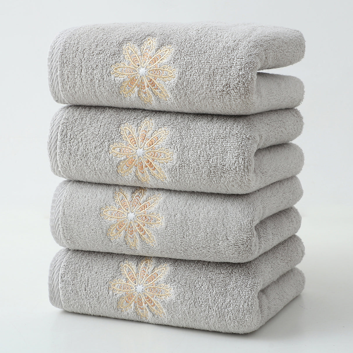 Grey 4-Pack Elegant Glod Floral Embroidered Cotton Hand Towels - Ultra Soft & Absorbent