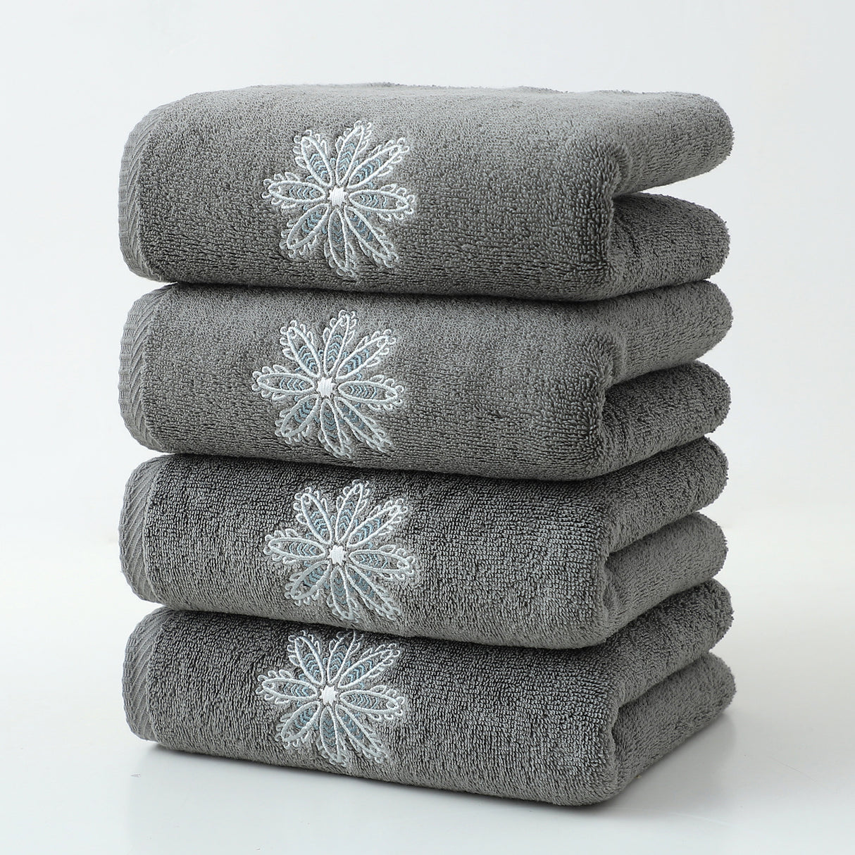 Dark Grey 4-Pack Elegant Blue Floral Embroidered Cotton Hand Towels - Ultra Soft & Absorbent