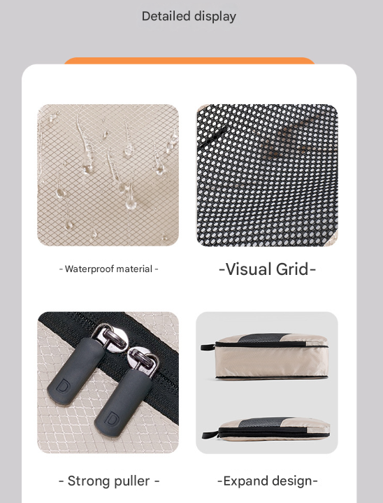 Beige and Black Premium 6-Piece Compression Packing Cubes Set - Lightweight Polyester Travel Organizers for Luggage, Includes Shoe Bag & Toiletry Pouch