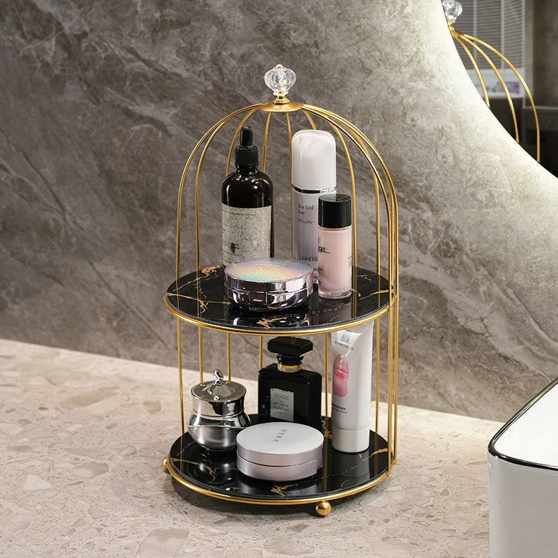 Gold and Black Elegant 2-Tier Gold Birdcage Cosmetic Organizer - Wrought Iron Countertop Storage Rack for Skincare, Makeup & Jewelry