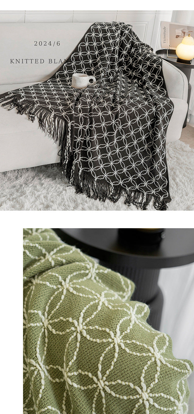 Light Green Cozy Geometric Knitted Throw Blanket with Tassels - Soft Acrylic Decorative Sofa & Bed Cover, 130x180cm