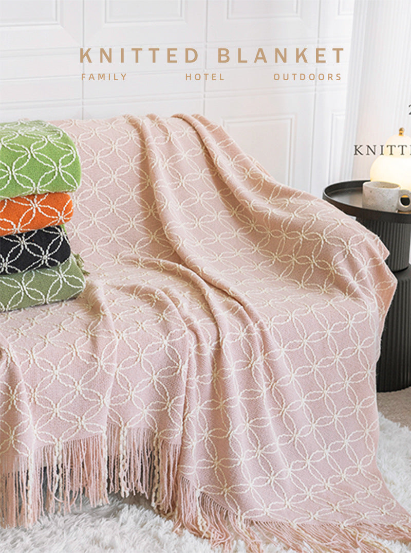 Orange Cozy Geometric Knitted Throw Blanket with Tassels - Soft Acrylic Decorative Sofa & Bed Cover, 130x180cm