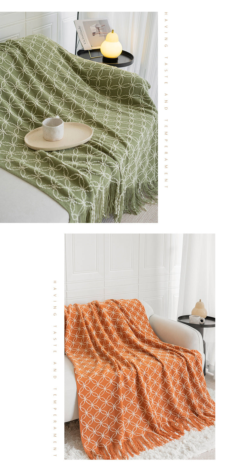 Orange Cozy Geometric Knitted Throw Blanket with Tassels - Soft Acrylic Decorative Sofa & Bed Cover, 130x180cm