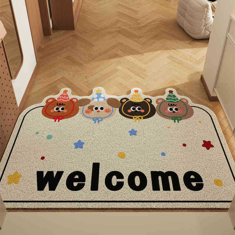 Box Puppy Bear Set of 2 Cartoon PVC Coil Entrance Mats - Non-Slip Dirt Trapping Door Mats (50x80cm)