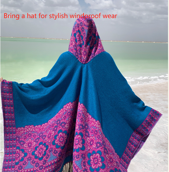 Diamond Blue Soft Faux Cashmere Poncho Cape - Oversized Winter Shawl Wrap (130x150cm)