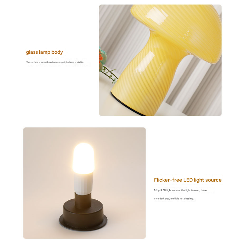 Stripe-Pure Grey-white Retro Swirl Glass Mushroom Table Lamp - LED Bedside Night Light