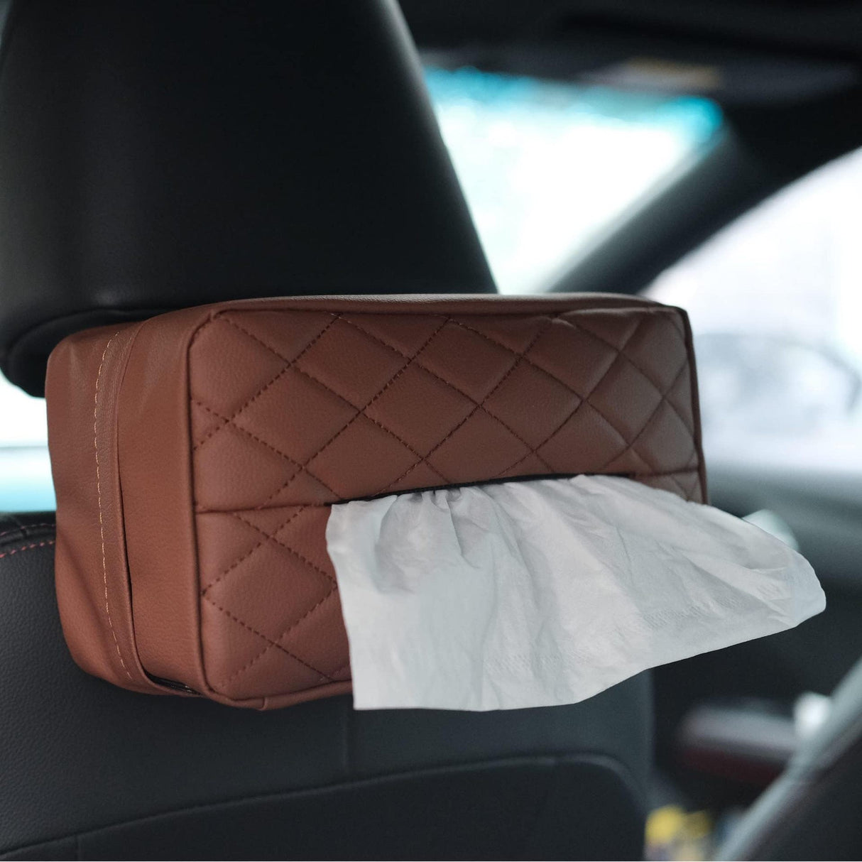 Brown Universal Leather Car Tissue Box Holder - Visor, Armrest & Seat Back Mount