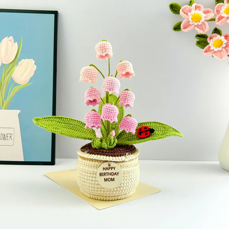 Pink Handmade Crochet Lily of the Valley Potted Plant - Gradient Blue Flower Decor Gift