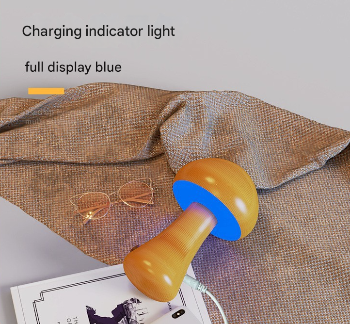 Dun-dun Model Brown Solid Wood Mushroom LED Table Lamp - Rechargeable Touch Control Bedside Night Light (Large)