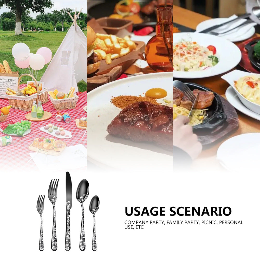 Rose Gold Elegant 20-Piece Stainless Steel Cutlery Set with Floral Design - Dinner & Steak Knives, Forks, Spoons