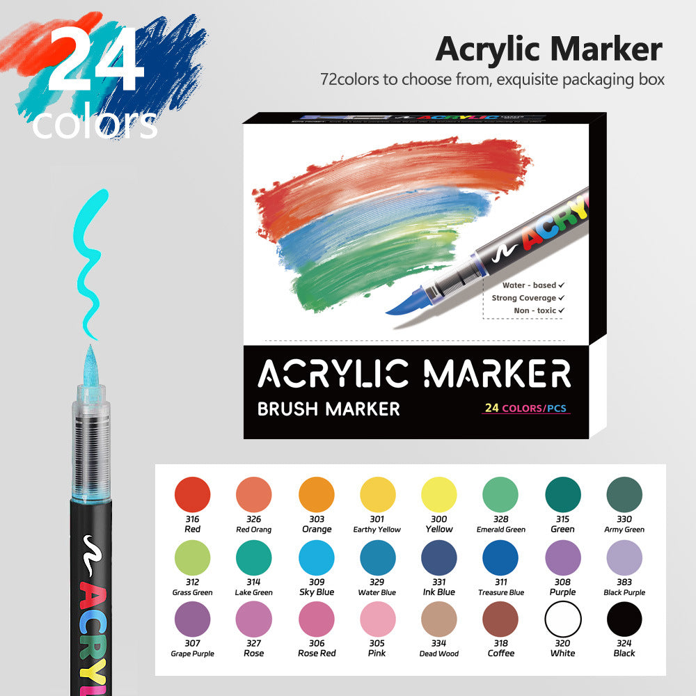 24 Colour Set Vibrant Cyan Acrylic Marker with Soft Brush Tip - 13.8 cm Professional Art Pen