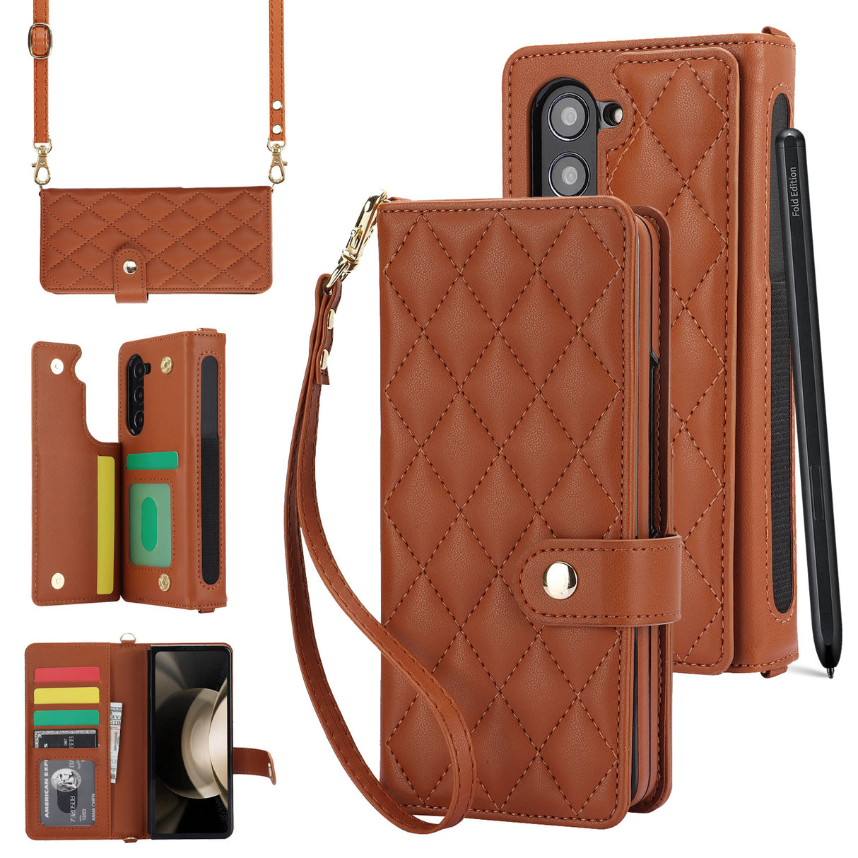 Brown Galaxy Z Fold5 Multi-Functional Leather Wallet Case for Samsung Z Fold Series - Crossbody with Pen Slot, Quilted Design Pen Not Included