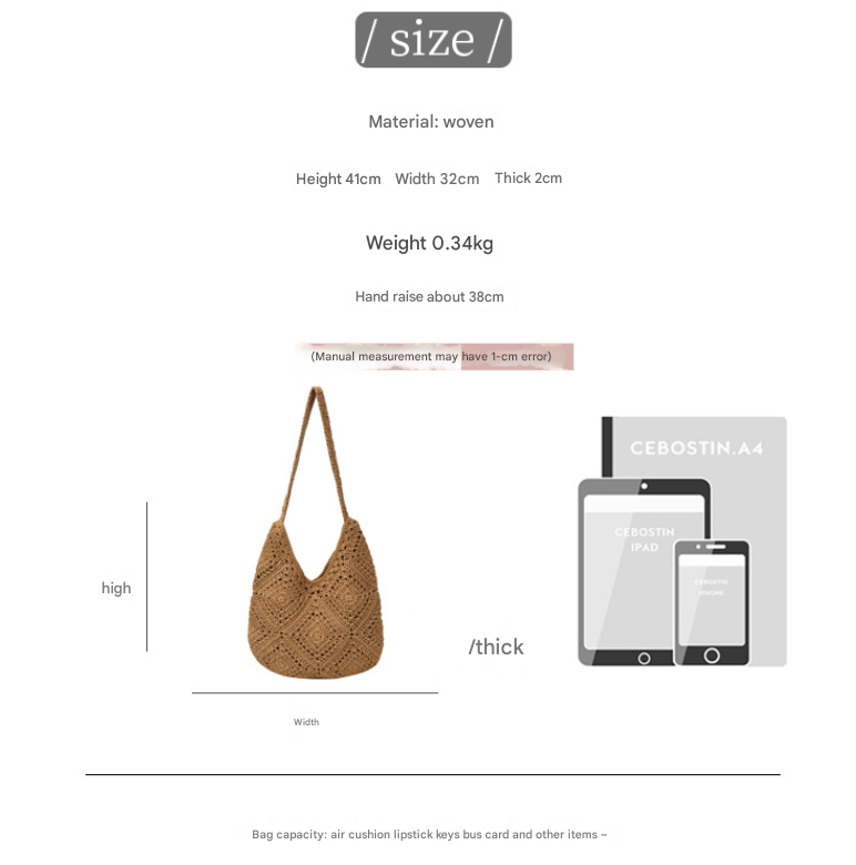 Khaki Flower-Patterned Cotton Crochet Tote Bag - Beach and Commute Essential