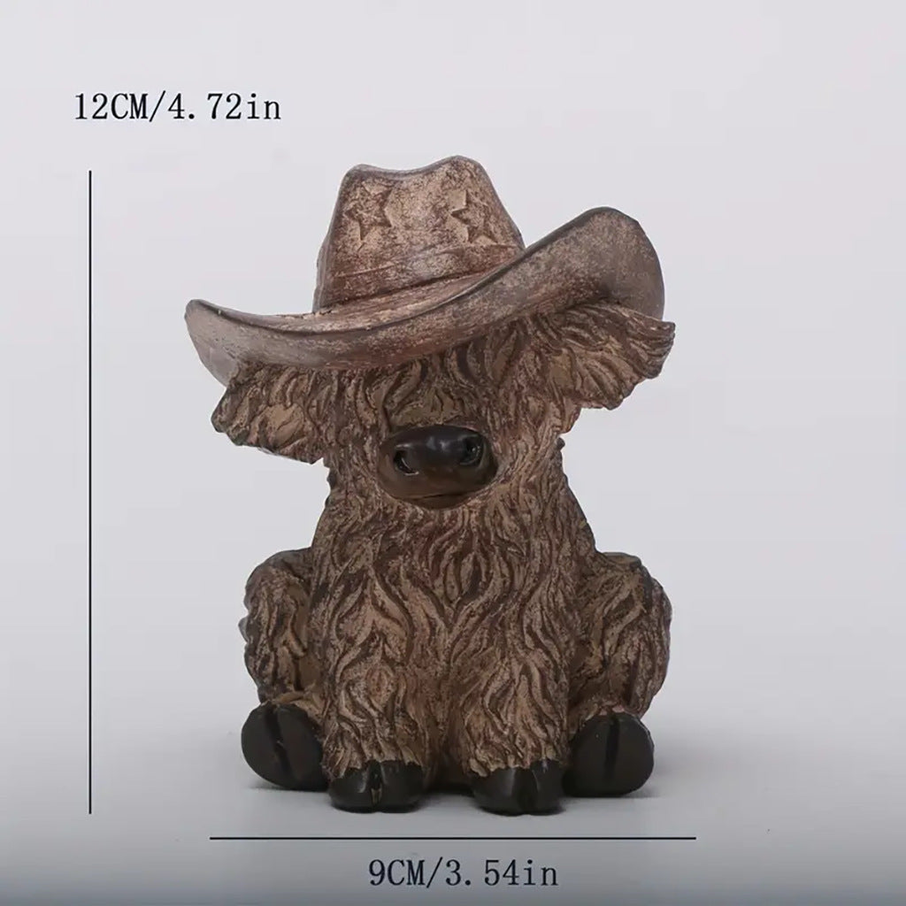Highland Cow with Cowboy Hat Resin Statue - Rustic Farmhouse Garden Decor