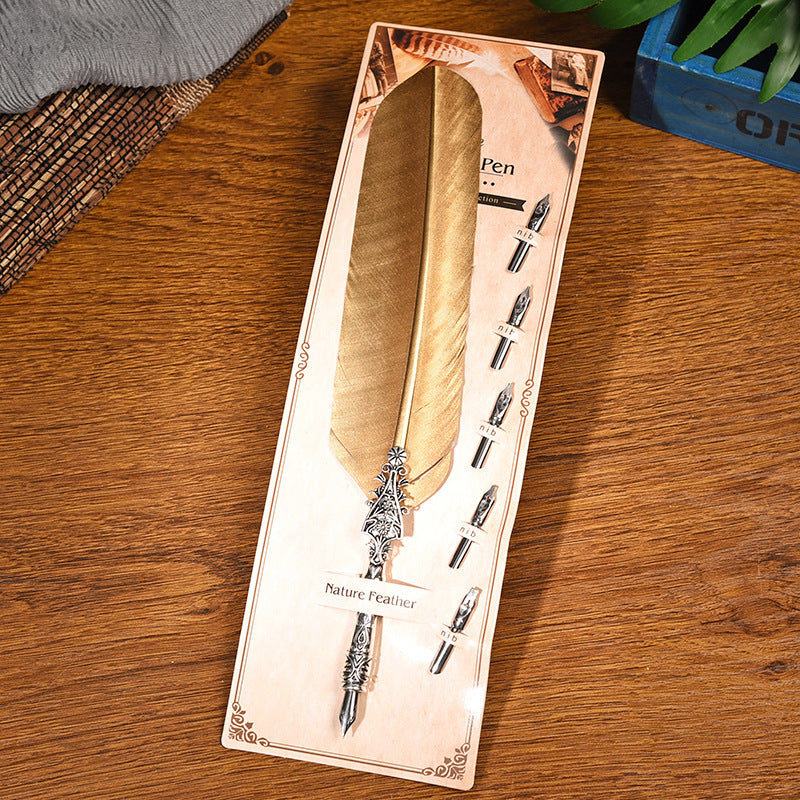 Vulcan Gold European Dip Feather Quill Pen Set - 2-Piece Retro Business Gift Box with 5 Nib Sizes