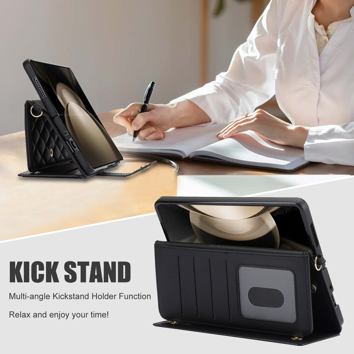 White Galaxy Z Fold5 Multi-Functional Leather Wallet Case for Samsung Z Fold Series - Crossbody with Pen Slot, Quilted Design Pen Not Included