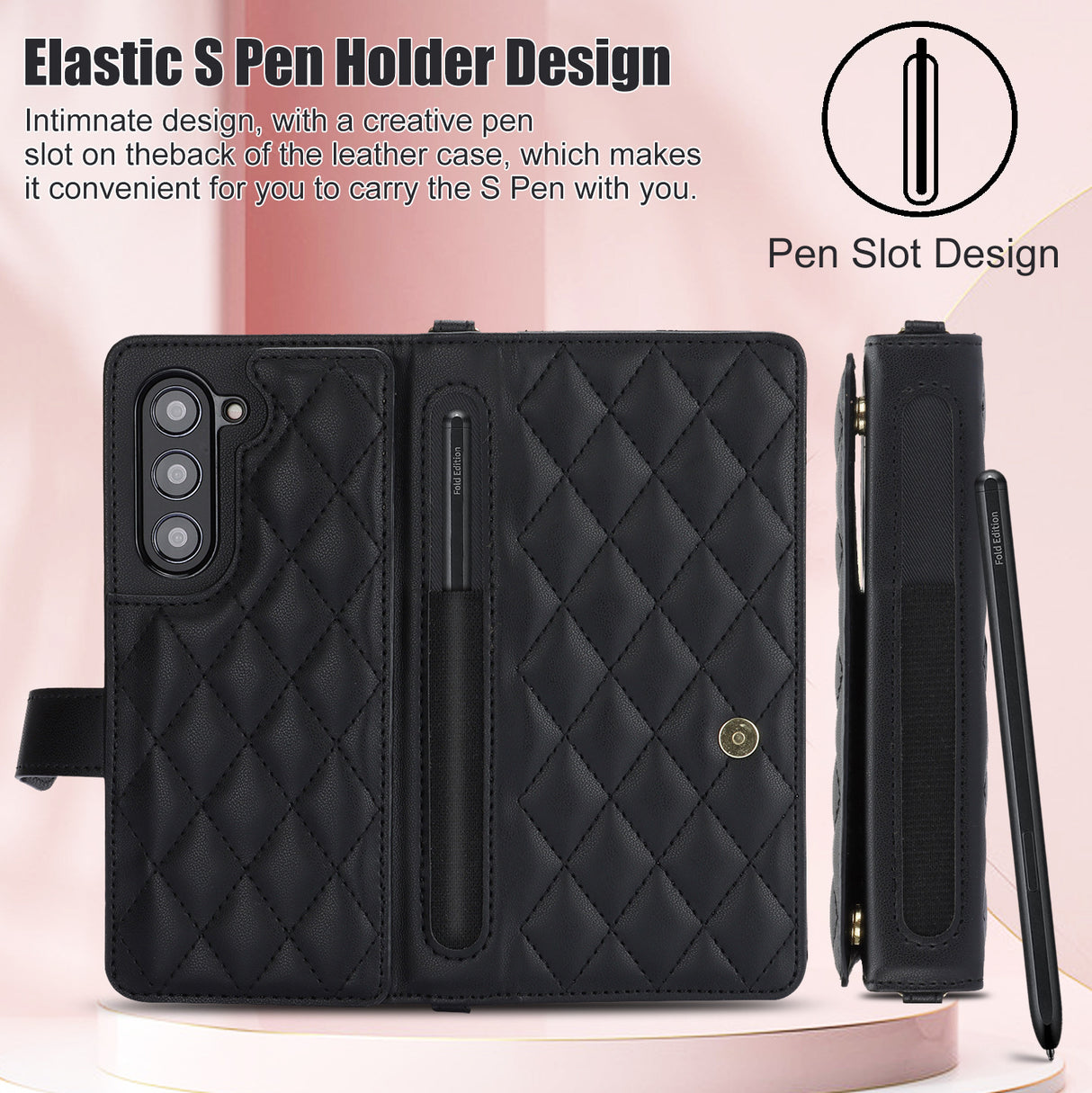 Rose Gold Galaxy Z Fold4 Multi-Functional Leather Wallet Case for Samsung Z Fold Series - Crossbody with Pen Slot, Quilted Design Pen Not Included