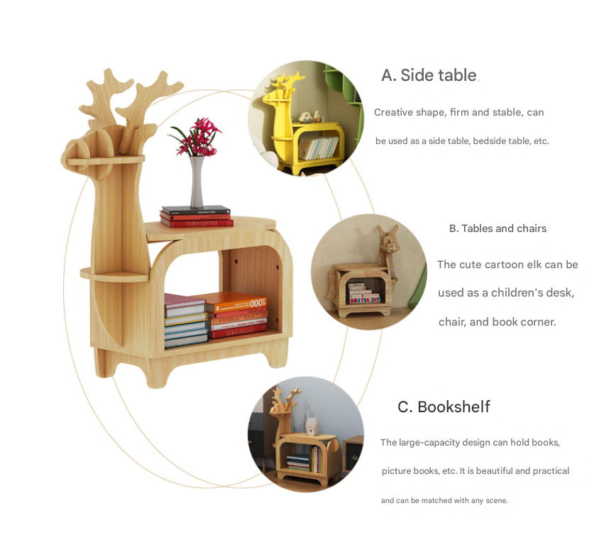 Yellow Oak Grain Trumpet Creative Reindeer-Shaped Solid Wood Bookshelf for Kids