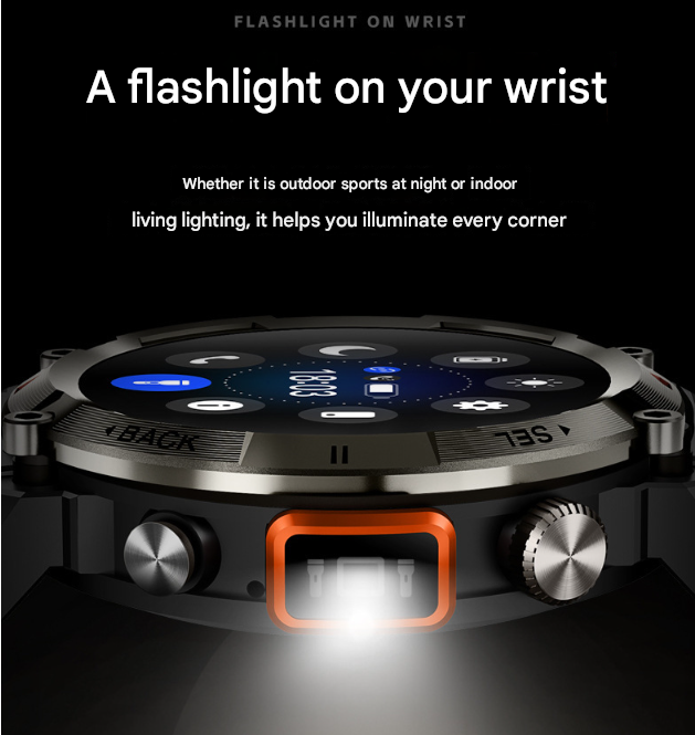 Black-orange Outdoor Smartwatch with 1.45-Inch HD Round Screen and Flashlight