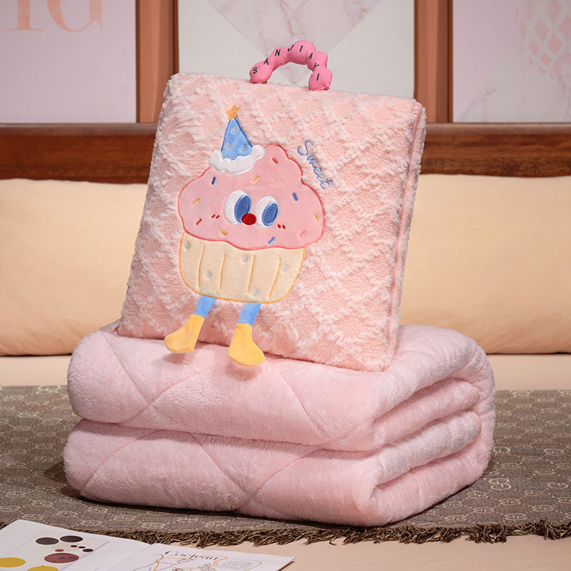 Pink Thick Fleece Cartoon Cookie Pillow Blanket 2-in-1 for Winter Car and Office Use