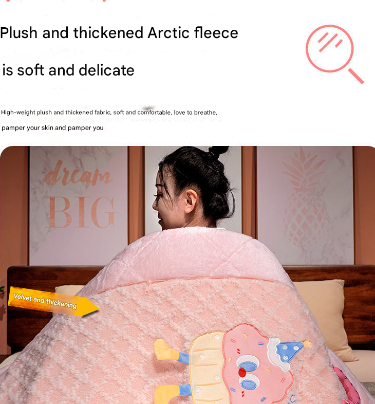 Pink Thick Fleece Cartoon Cookie Pillow Blanket 2-in-1 for Winter Car and Office Use