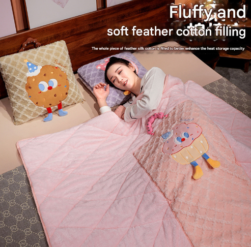 Coffee Thick Fleece Cartoon Cookie Pillow Blanket 2-in-1 for Winter Car and Office Use