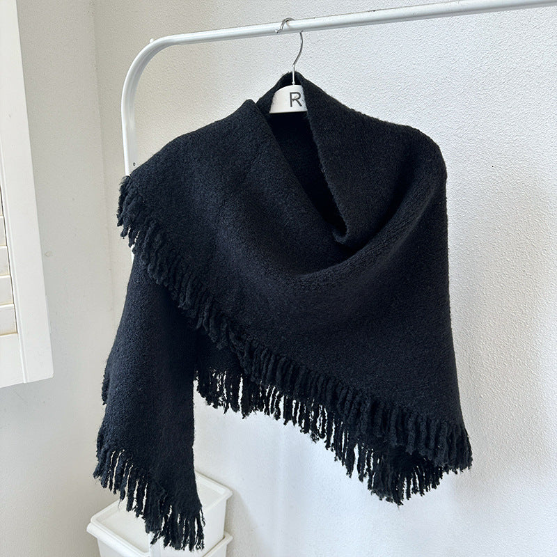 Black Versatile Fringed Faux Wool Triangle Shawl - Warm Knitted Scarf