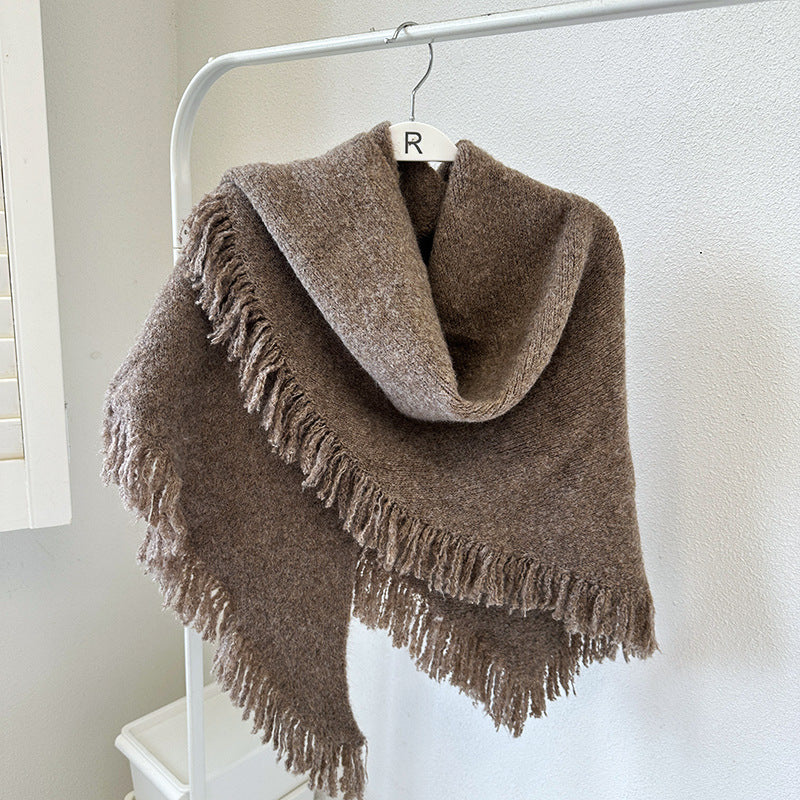 Coffee Versatile Fringed Faux Wool Triangle Shawl - Warm Knitted Scarf