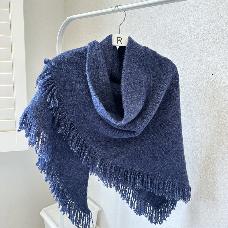 Navy Blue Versatile Fringed Faux Wool Triangle Shawl - Warm Knitted Scarf