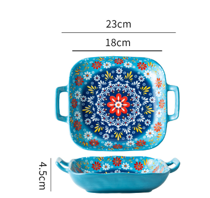 Green Gullicent 9-Inch Bohemian Ceramic Double-Handled Square Plate